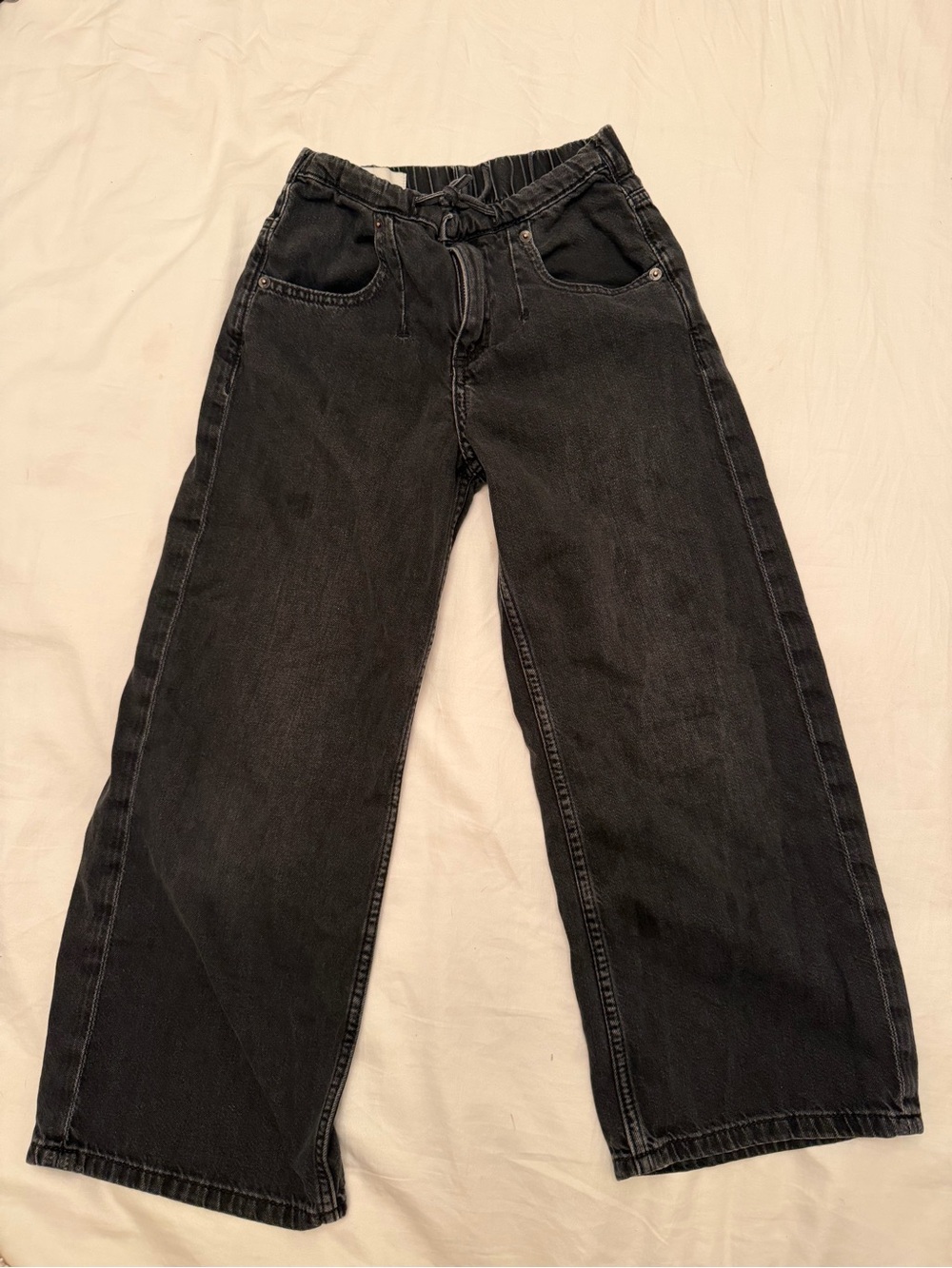 Zara Girls, Black Washed Wide-Leg Drawstring Jeans, size 8-9years